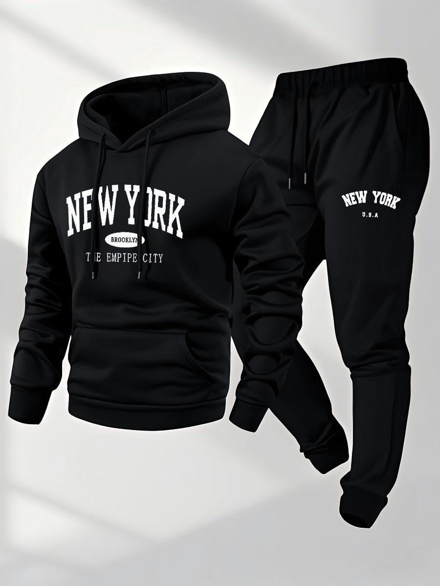Men's New York Printed Hoodie Sportswear Set - Polyester Sportswear Set with Pocket, Long Sleeve, Loose Style, Knitted Fabric, Autumn/Winter, Slightly Elastic