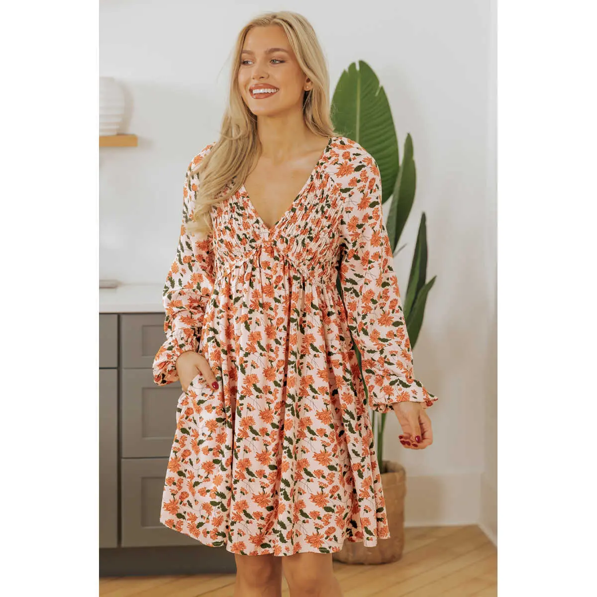 Beige Floral Deep V Neck Smocked Bust Bubble Sleeve Babydoll Dress Boho Casual