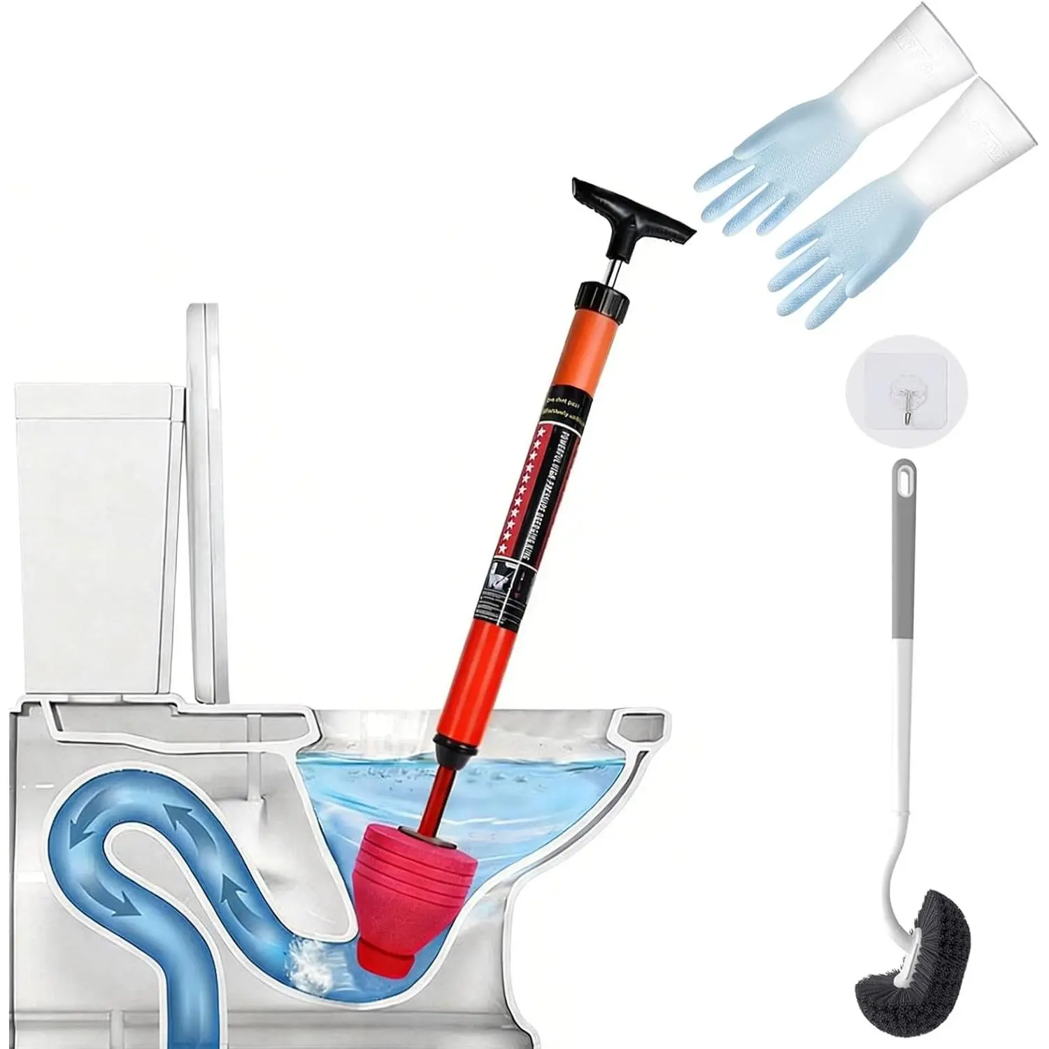 Toilet Plunger Set, High-Pressure Toilet Plunger with Toilet Brush & Rubber Gloves| All-in-One Heavy Duty Powerful Air Plunger Drain Toilet Unclogger for Bathroom Drains