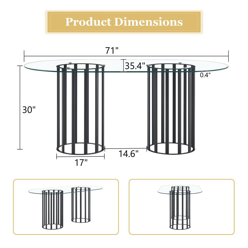 71 inch oval tempered glass dining table,black double column light luxury style,tempered glass scratch resistant and easy to clean.Suitable for 6-8 people dining, modern light luxury restaurant table.
