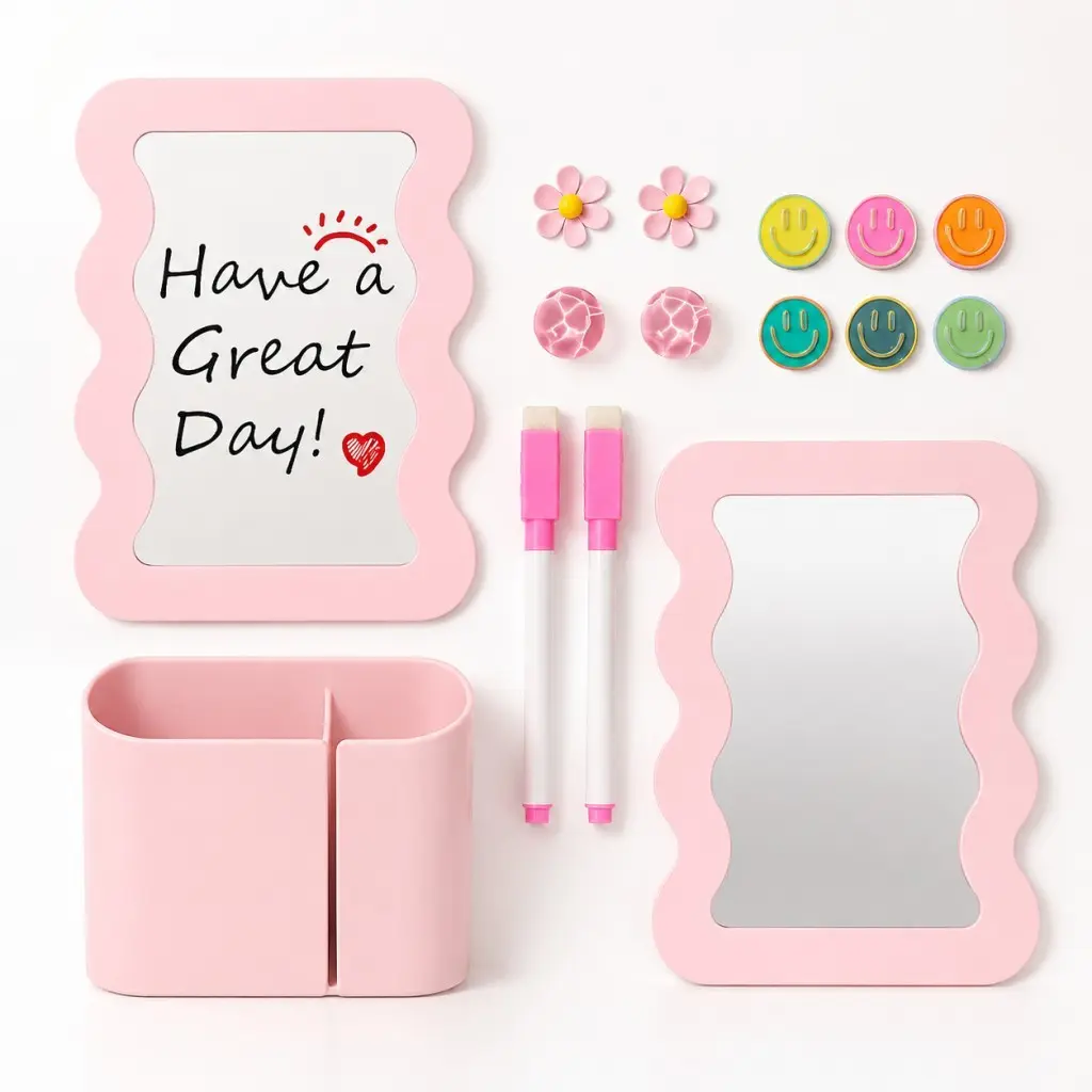 Locker Accessories Kit for Girls - Includes Magnetic Mirror, Whiteboard, Magnetic Pencil Holder, Magnets and Stickers, Pink Locker Decor & Organizer Set, Back to School Supplies, Basic Set 15 Piece