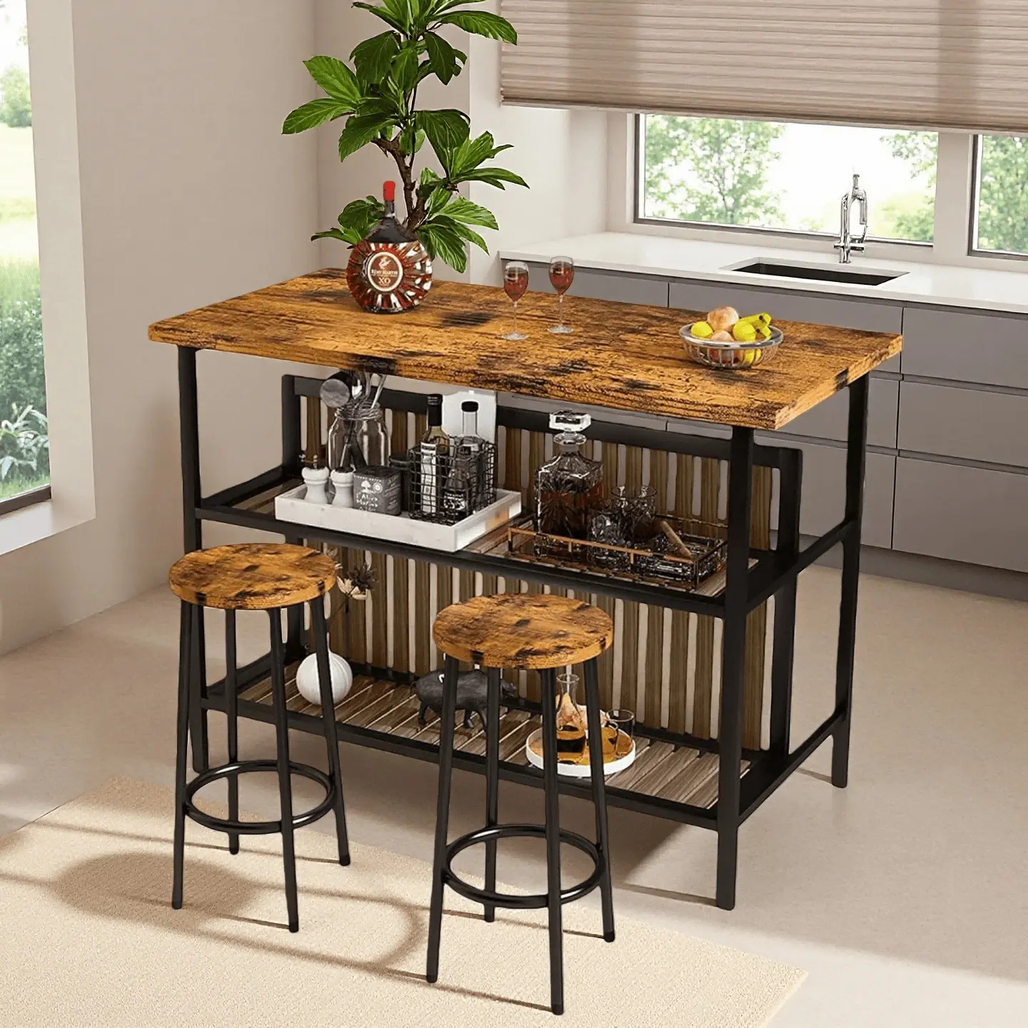 Dining Table Set 2, Island With Seating Bar Table Set With Storage, Space Saving Island With 2 Shelves Island With Bar Stools Counter Height Bar Table Apartment