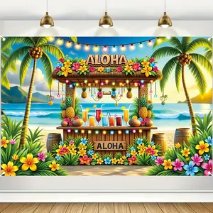Hawaiian Party Background Banner, 150cm X 100cm, Aloha Theme Decor, Tiki Bar Flag, Beach Coconut Tree Tropical Fruit Pattern, Polyester Wall Hanging