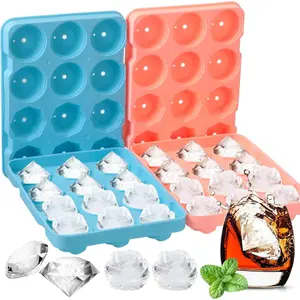 2 Pcs 3D Rose and Diamond Ice Mold 7 Inch 12 Cavity Ice Cube Trays with Covers Silicone Mold Freezer Whiskey Cocktails Juice Bourbon Mimosas, Dishwasher Safe(Blue, Pink)