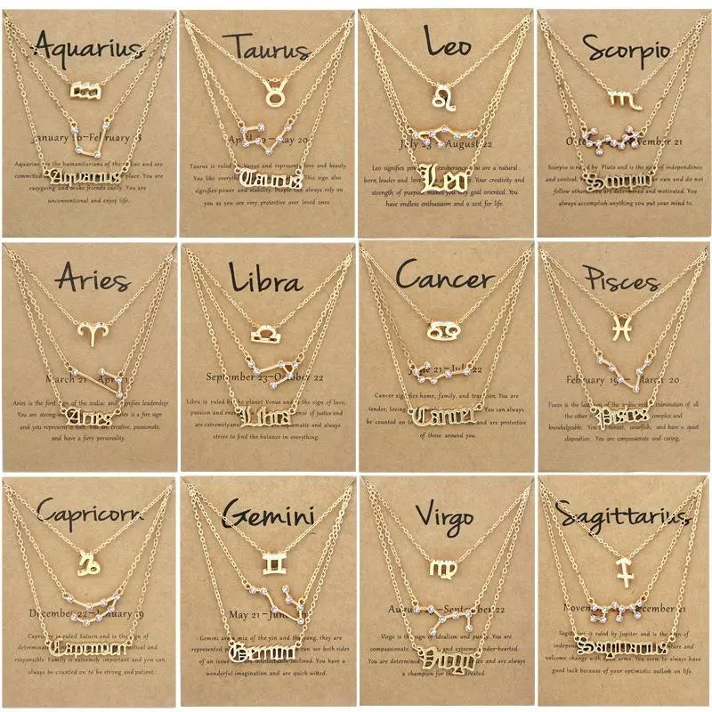 Women's 12 Constellations Zodiac Sign Layered Pendant Necklaces Set - Vintage Stars/Animals Assorted Beaded Necklaces with Bow, Exquisite Jewelry Gift, Everyday Wear Zodiac Sign Collectibles