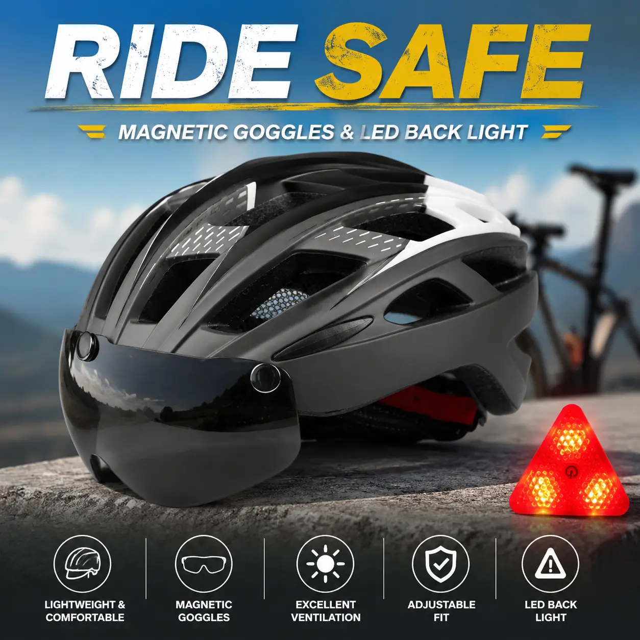 Adjustable Bike Helmet with Magnetic Goggles and LED Back Light for Adult Men and Women, Cycling Helmet for Road Riding and Commuting