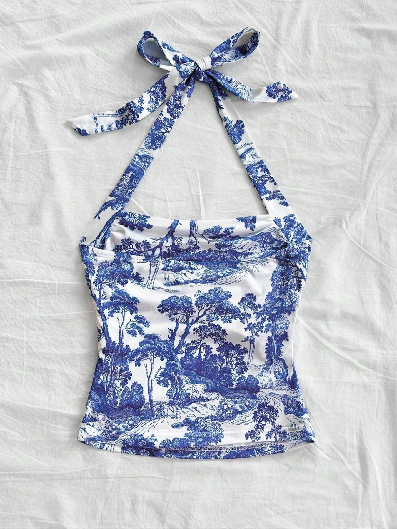 Women's Solid Boho Sleeveless Halter Top, Casual Minimalist Sleeveless Top for Summer, Ladies Clothes for Daily Wear