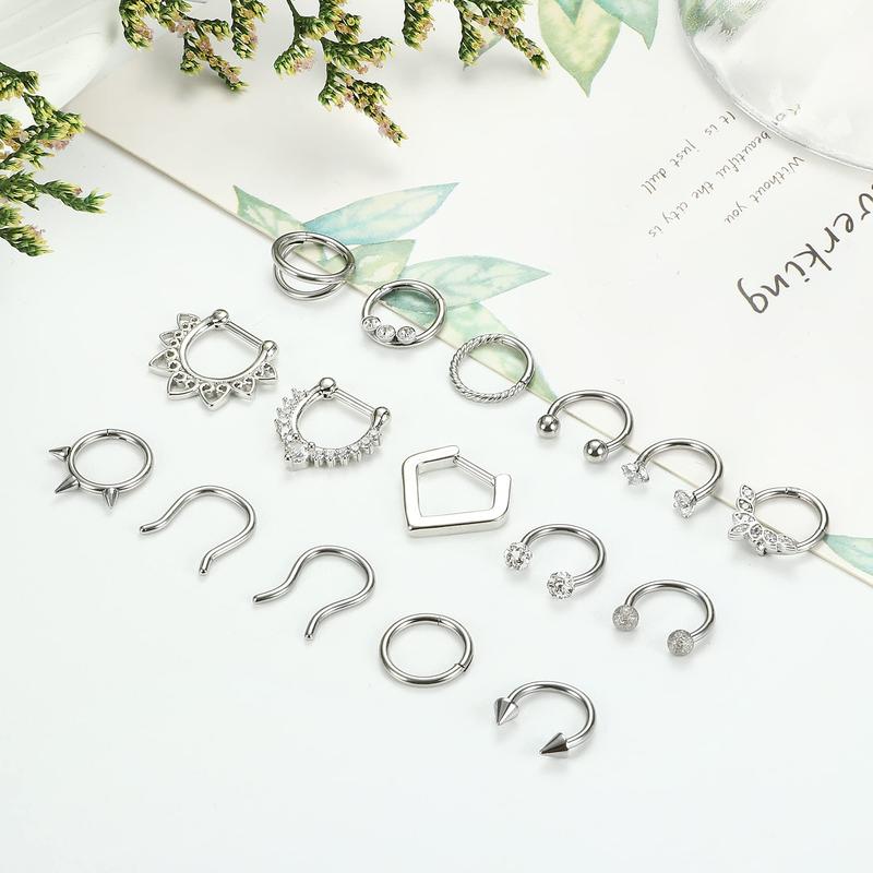 Drperfect 16G Septum Rings Stainless Steel Daith Earrings Nose Rings CZ Cartilage Helix Tragus Septum Clicker Piercing Jewelry