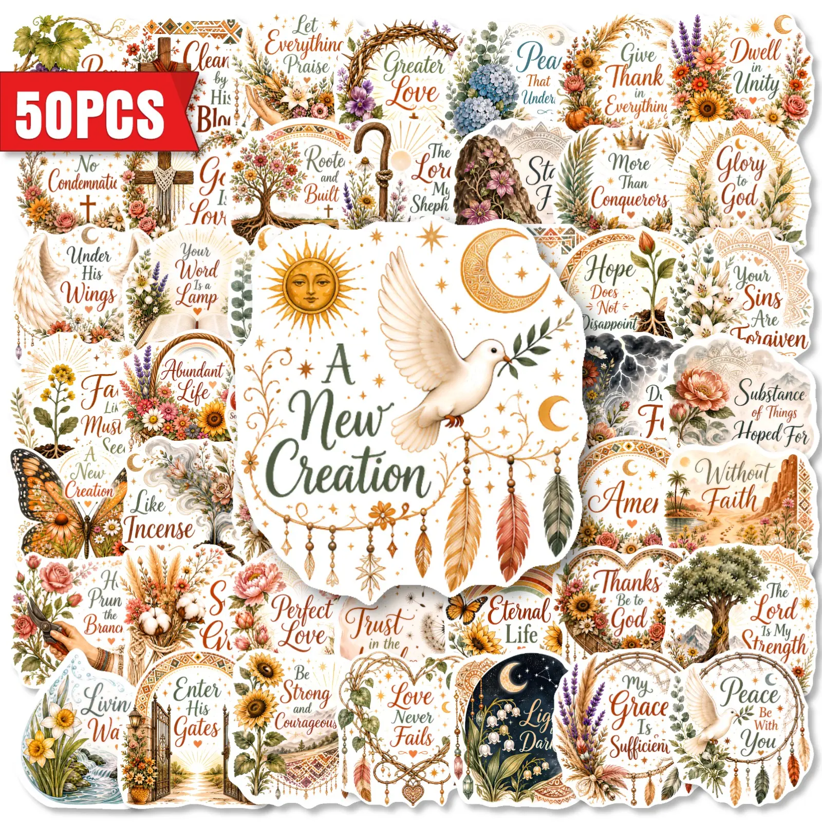 50pcs Vintage Boho Dreamcatcher Stickers - Faith-based Designs with Positive Messages; Suitable for Scrapbooks, Journals, Laptops, Water Bottles, Cars, and More. Perfect for Gifting.