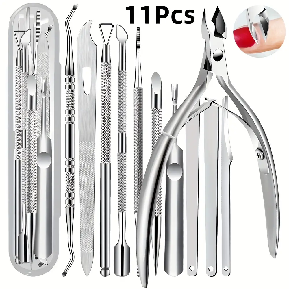 11Pcs Stainless Steel Professional Manicure Pedicure Kit Cuticle Nipper Multi Style Cuticle Pusher Nail File Ingrown Nail Lifter With Storage Case Salon Home Dead Skin Nail Care Tools
