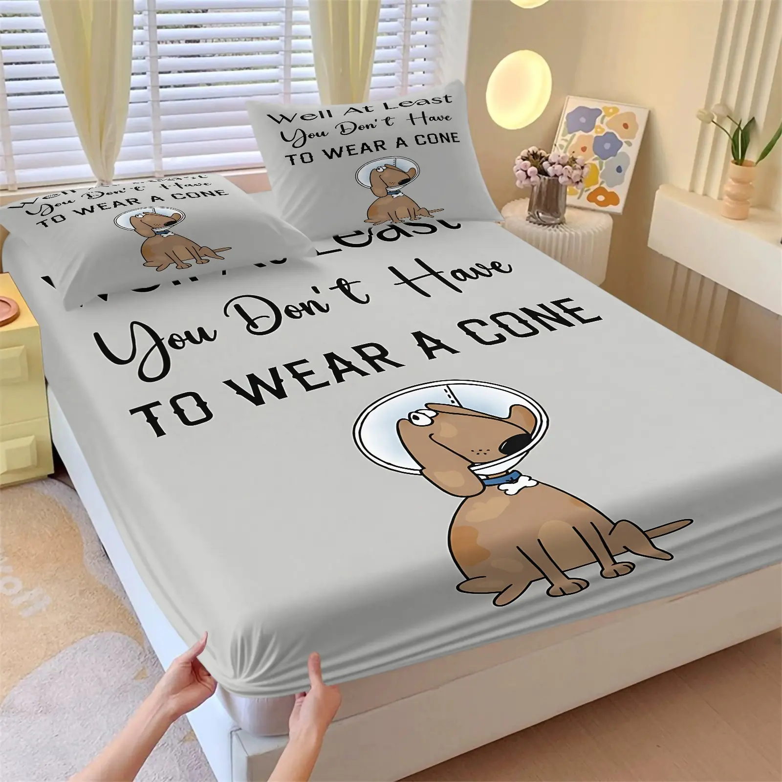 Funny Cartoon Dog Print Fitted Sheet Set, 1 Fitted Sheet & 2 Pillowcases, No Filling, Soft Breathable Bed Sheets Set, Humorous Pet Lover Bedding Set for Bedroom Dorm Guest Room Apartment Home Decor