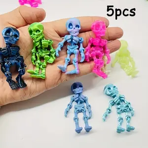 5pcs Gradient Color 3D Printed Full Joint Skeleton Figurines, Halloween Desktop Decor, Miniature Skeleton Models, Festival Collectibles
