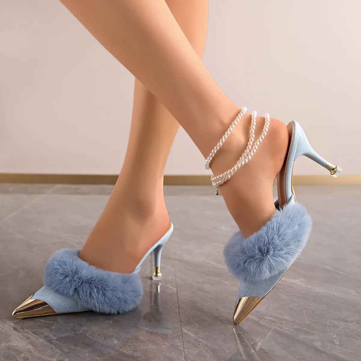 Women's French Look Pointed Toe High Heels - Metal Thin Heel, Plush Fabric, All Seasons Universal Mules