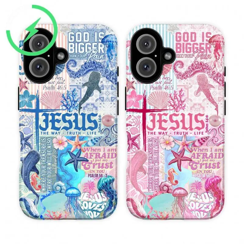 Magnetic for iPhone 16 Christian Bible Verse Ocean Smartphone Case - Couple Style, Jesus Loves You Scripture Quotes, Fish Dolphins Starfish Jellyfish Coral Waves, Inspirational Underwater Art, Shell, Compatible with iPhone 17-11, Cellphone Hfor iPhone 16e