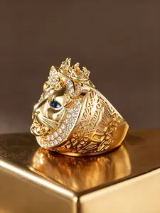18K Gold Tone Plated King Lion Crown Men's Sculpted Ring, Blue Imitation Gem Inlaid Crystal Hollow Band, Vintage Domineering Jewelry, Ideal Father's Day & Birthday Gift For Him