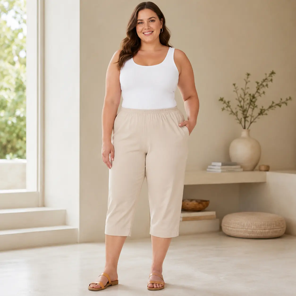Soft Modal Knit Cropped Pants Plus Size Elastic High Waist Loose Wide Leg Capri Pants Casual Loungewear For Big Belly Curvy Ladies