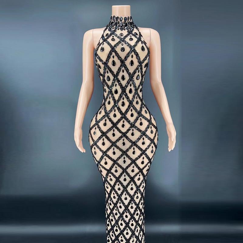Sexy shiny rhinestone silver dress plus size women's party dress neck fishtail dress formal dresses women wrap dress prom