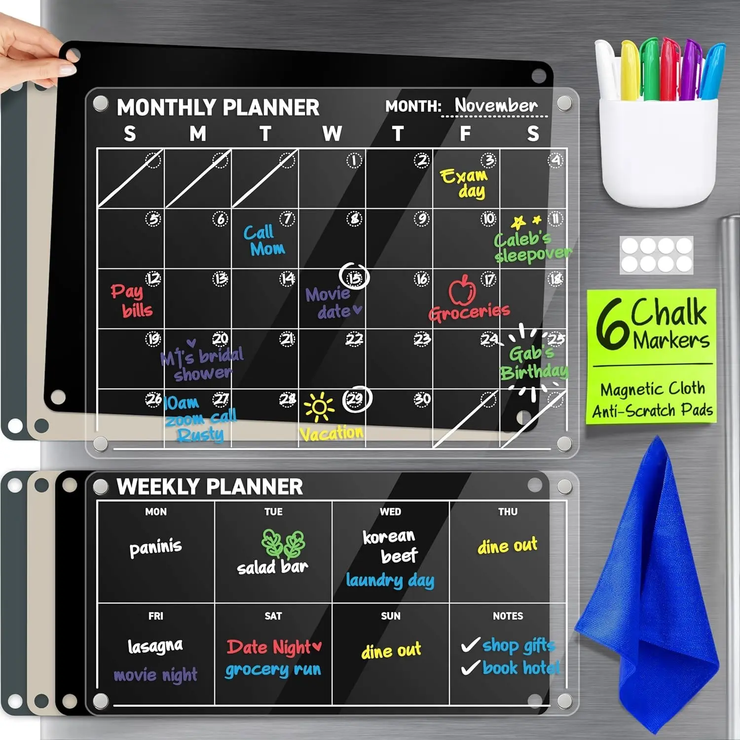 Acrylic Calendar for Fridge - Magnetic Calendar for Refrigerator - 2pc Family Refrigerator Magnetic Dry Erase Planning Board Monthly Weekly - 6 Liquid Chalk Markers & 3 Interchangeable Backgrounds