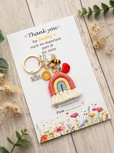 1pc 2026 Macrame Rainbow Bee Keychain Thank You Card Set, Handmade Tassel Rainbow Keyring, Teacher Appreciation Gift for Graduation Coworker Friend