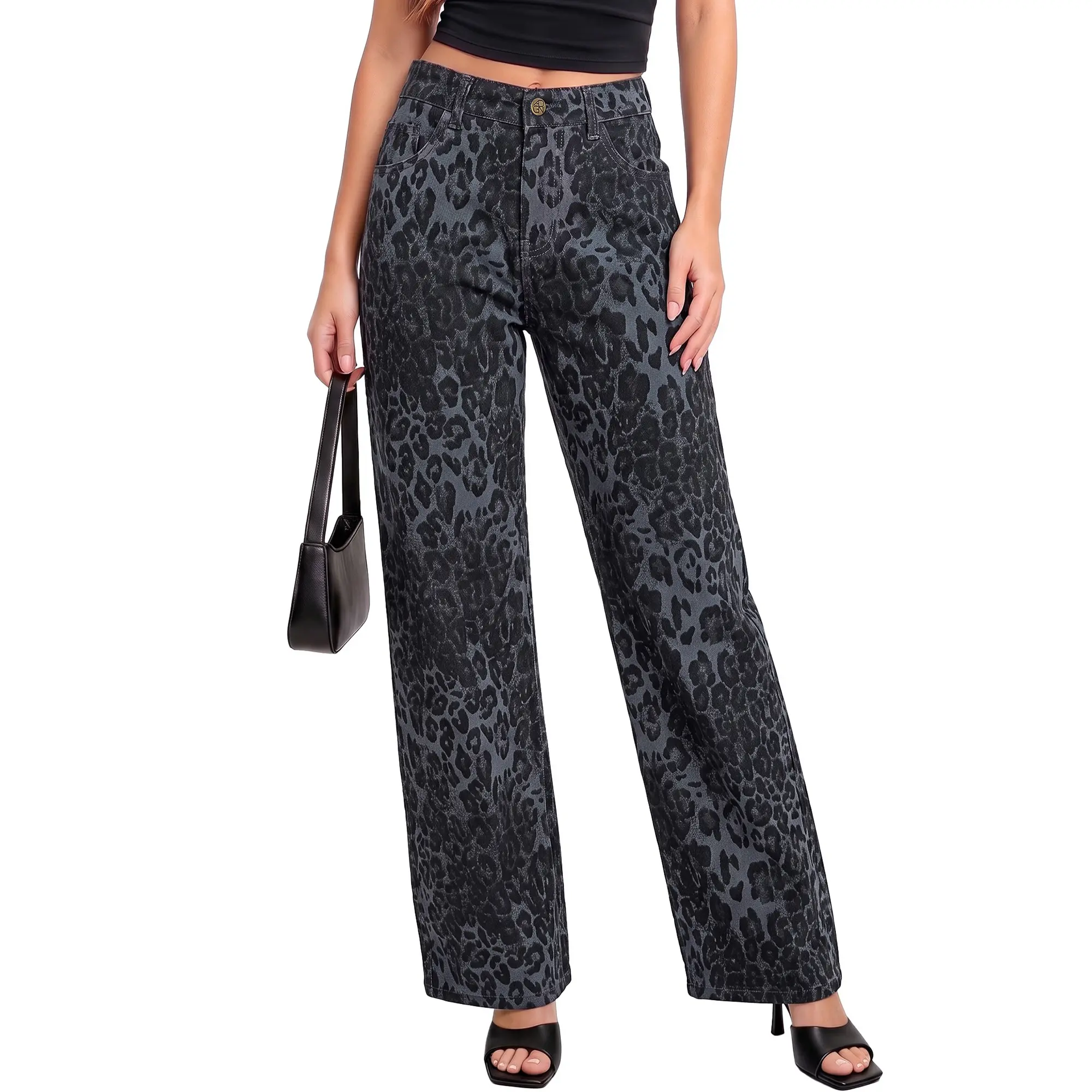 【NEW DROP】GRAPENT Womens Western Chic Leopard Print Jeans, High Waist Baggy Wide Leg Stretchy Denim Bottoms, Bottom backtoschool