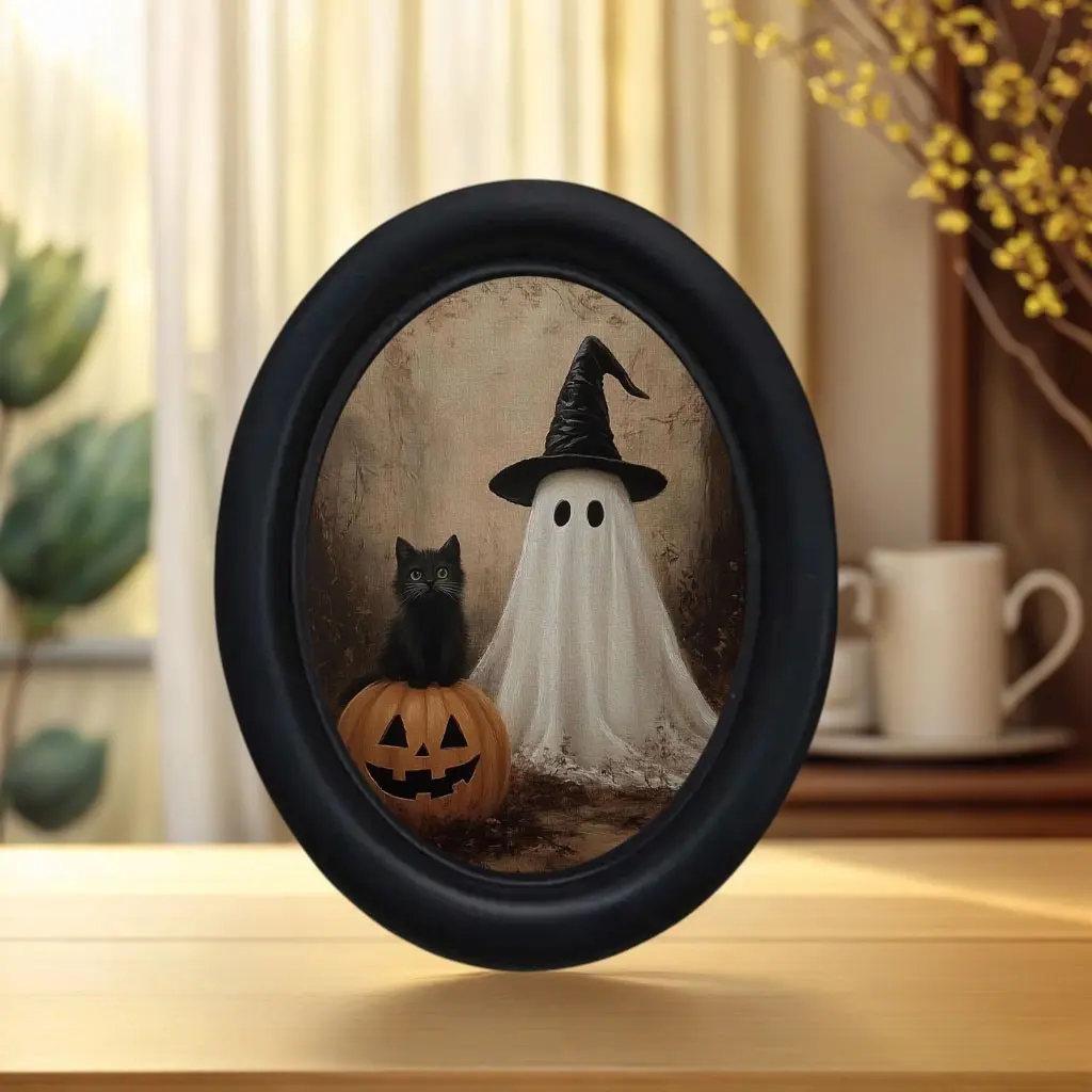 Ghost Pumpkin Cat Vintage Wall Decor, Cute Dark Spooky Halloween Desktop Wall Art, Oval Wooden Decoration, Gothic Retro Frame