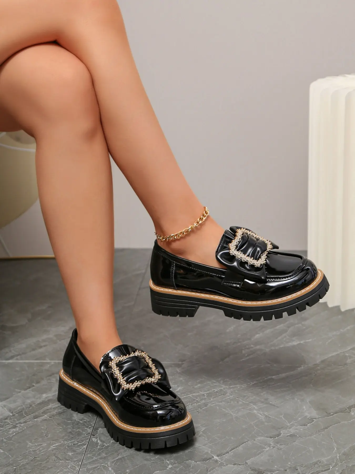 Women's Glossy Thick Sole Loafers, Rhinestone Square Buckle Bow Slip-On Leather Shoes, Chunky Heel Height Boosting British Style Commuter Shoes