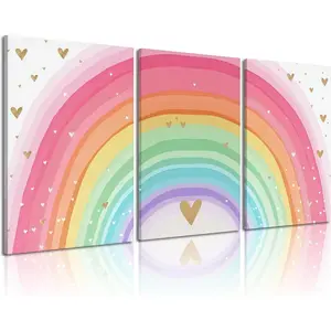 Girls Rainbow Canvas Wall Art Set of 3, Colorful Nursery Wall Decor Painting, Kids Heart Picture Poster Prints for Classroom Kids Room Baby Room Bedroom Dorm Home Decoration 16x24in