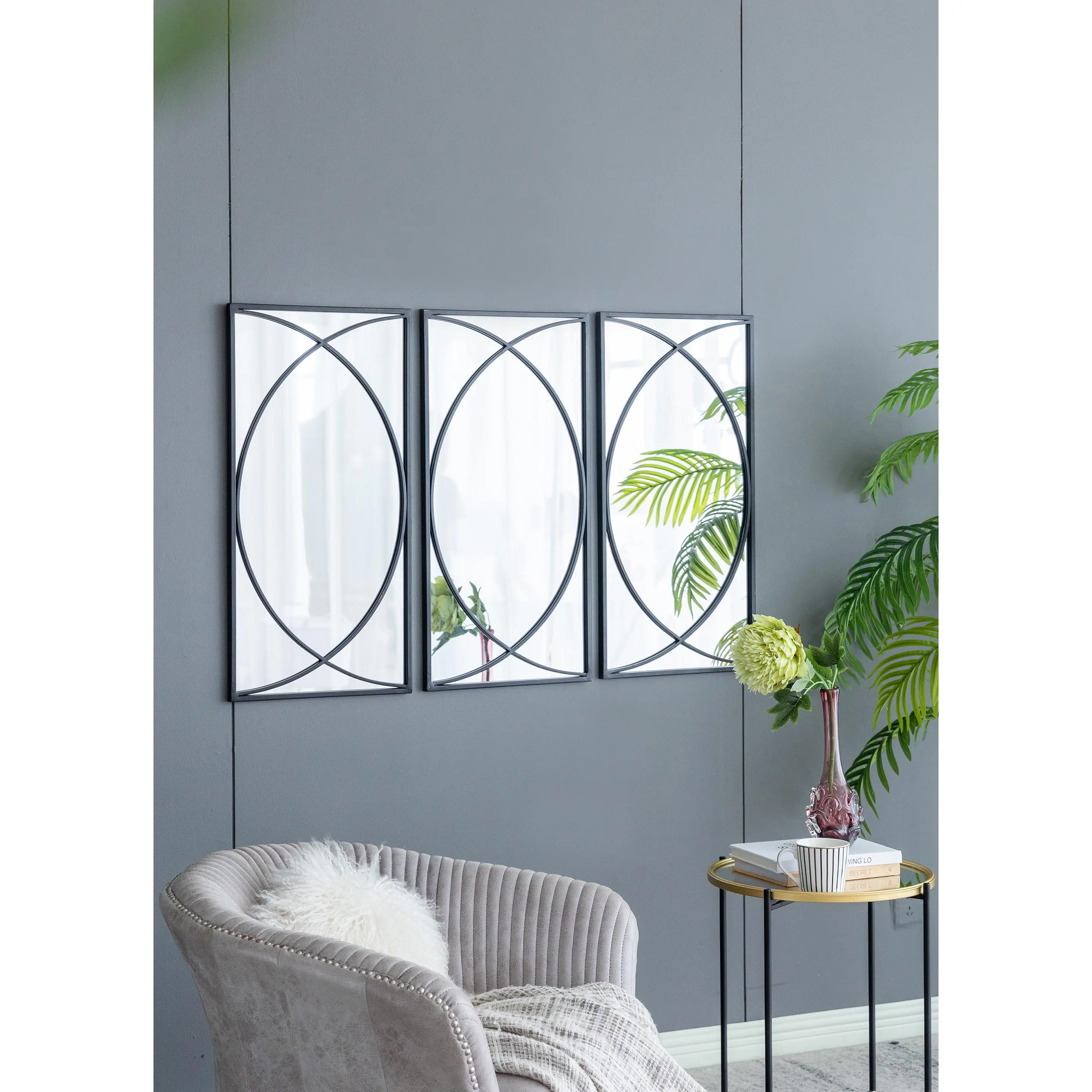Nokaa 32 Inch Rectangular Wall Mirror with Black Iron Frame, Industrial Decorative Mirror for Living Room, Bedroom, Entryway, Home Decor, Set of 3, Multiple Options