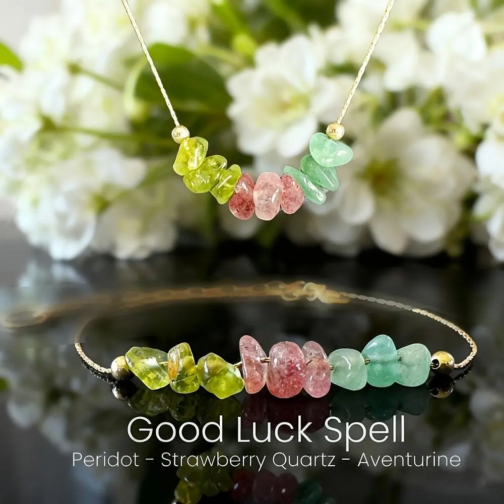 Peridot & Aventurine Jewelry Set, 2-Piece Minimalist Necklace and Bracelet with Organic Stones, Adjustable Gold-Tone Chains for Women, Casual Wear, Adjustable Sizes, Organic Shapes, Adjustable Size, Necklace + Bracelet