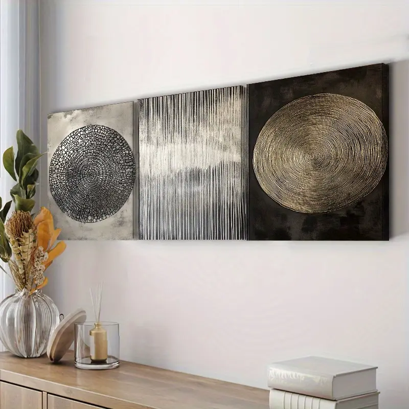 2D Flat Painting, 3-piece framed canvas wall art set - Silver, black, and gold textured abstract design, suitable for home, living room, office, coffee shop decoration, office wall decoration | Abstract Art Decoration | Framed canvas, wall decoration 12x1