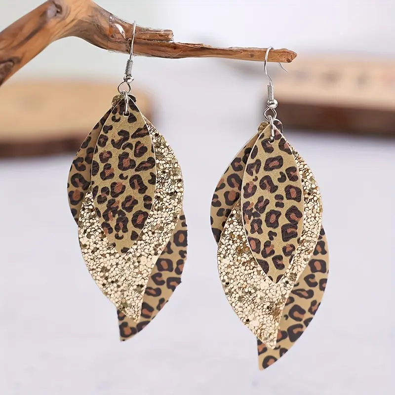 Vintage Three-Layer Leopard Print Leather Sequin Multi-Layer Leather Earrings