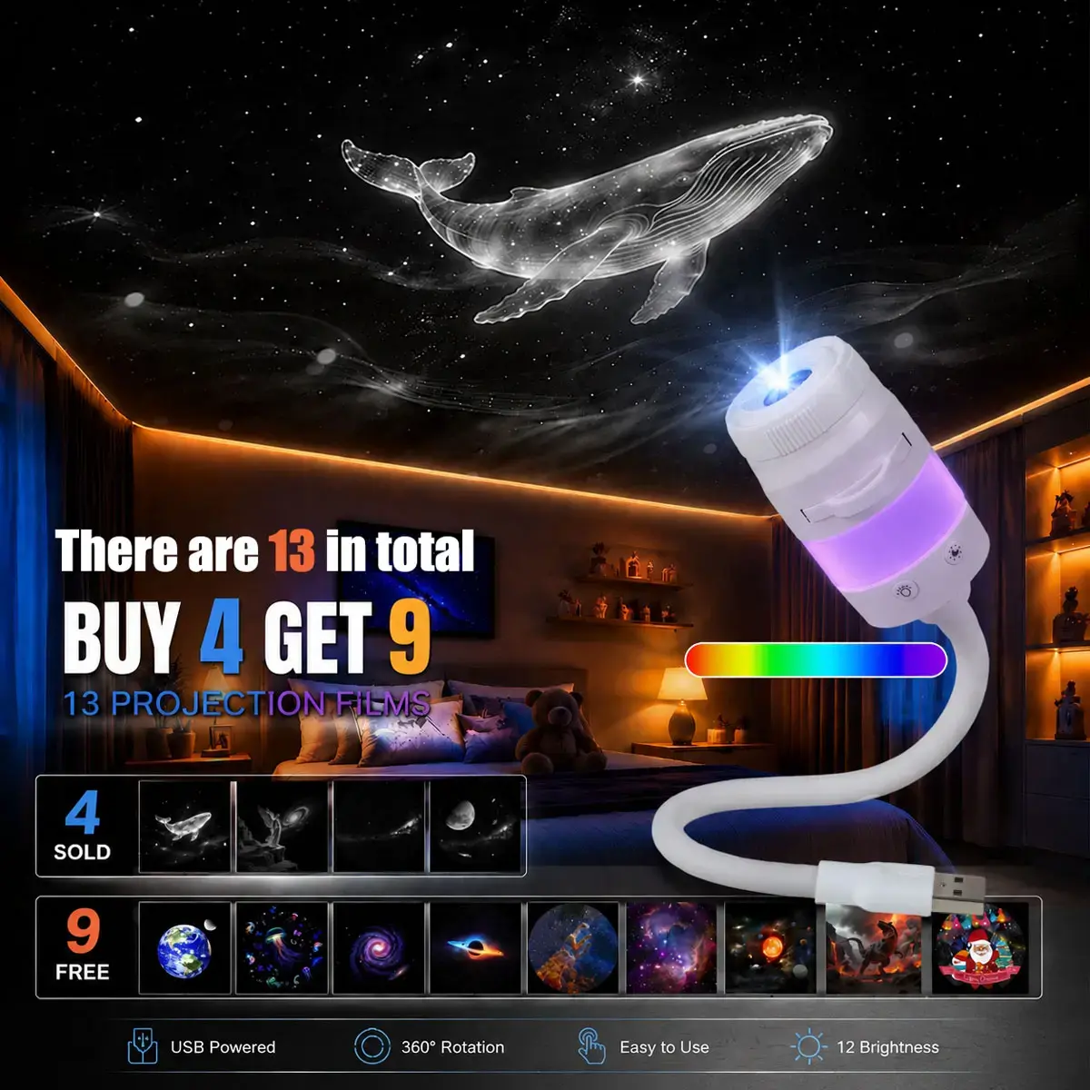 13-in-1 USB Galaxy Projector, Starry Sky Night Light with Multiple Lighting Effects for Bedroom, Kids Room, Dorm & Party Decor, Gift for Kids & Teens