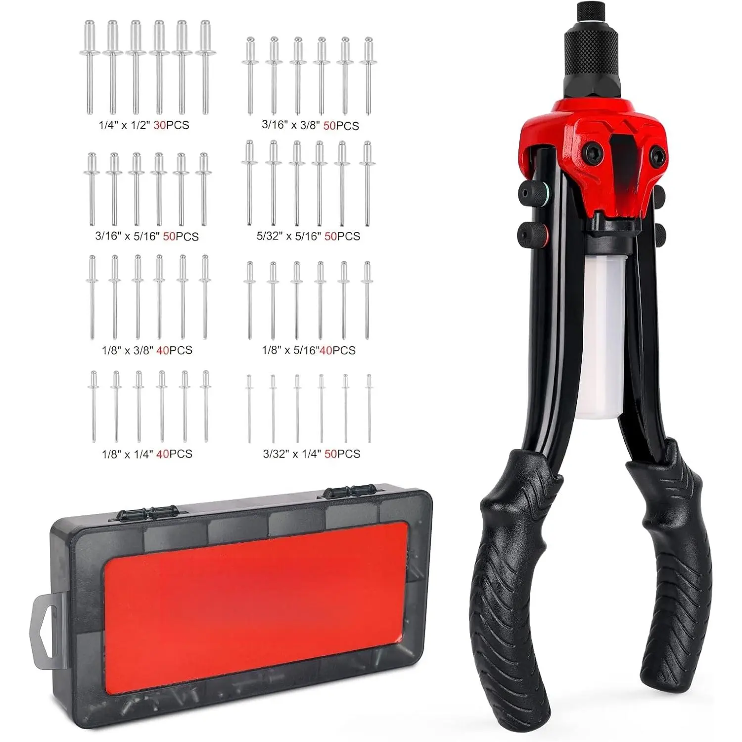 Rivet Gun Kit with 350 Blind Rivets, Heavy Duty Two-Handed 1/4" Pop Rivet Gun Set (NT300), 5 Nosepieces, Built-in Shaft Catcher  Van, Gutter & Automotive