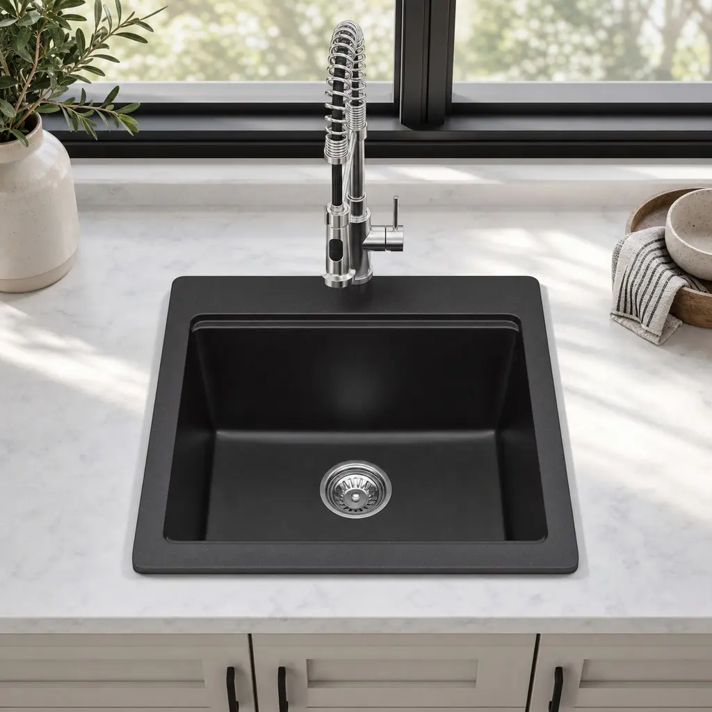 Black Quartz Composite Drop-In Workstation Kitchen Sink (21" W x 20" D x 9-5/8" H) - Single Bowl with Cutting Board, Roll-Up Rack, Bottom Grid, Basket Strainer for Kitchen Island, Laundry Use
