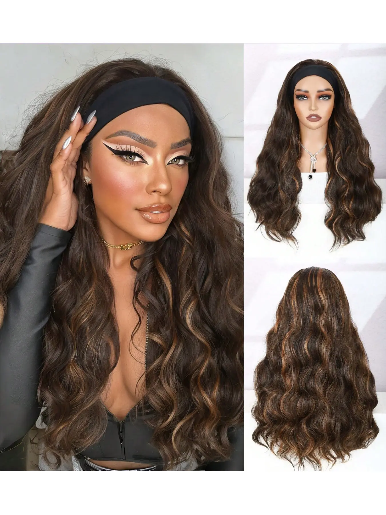 Long Wavy Headband Wig for Women, Blonde Highlight, 200% Density, Glueless, Synthetic Fiber Wigs, Party Daily Use, All Seasons