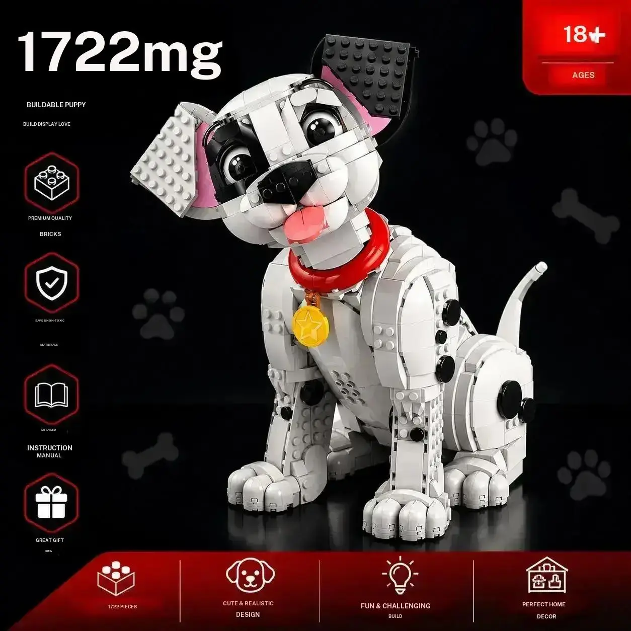 1722pcs Cute Puppy Building Block Ornament, Realistic Pet Assembly Model, Desktop Decoration, Model Collection, DIY Assembly Toy, 18+