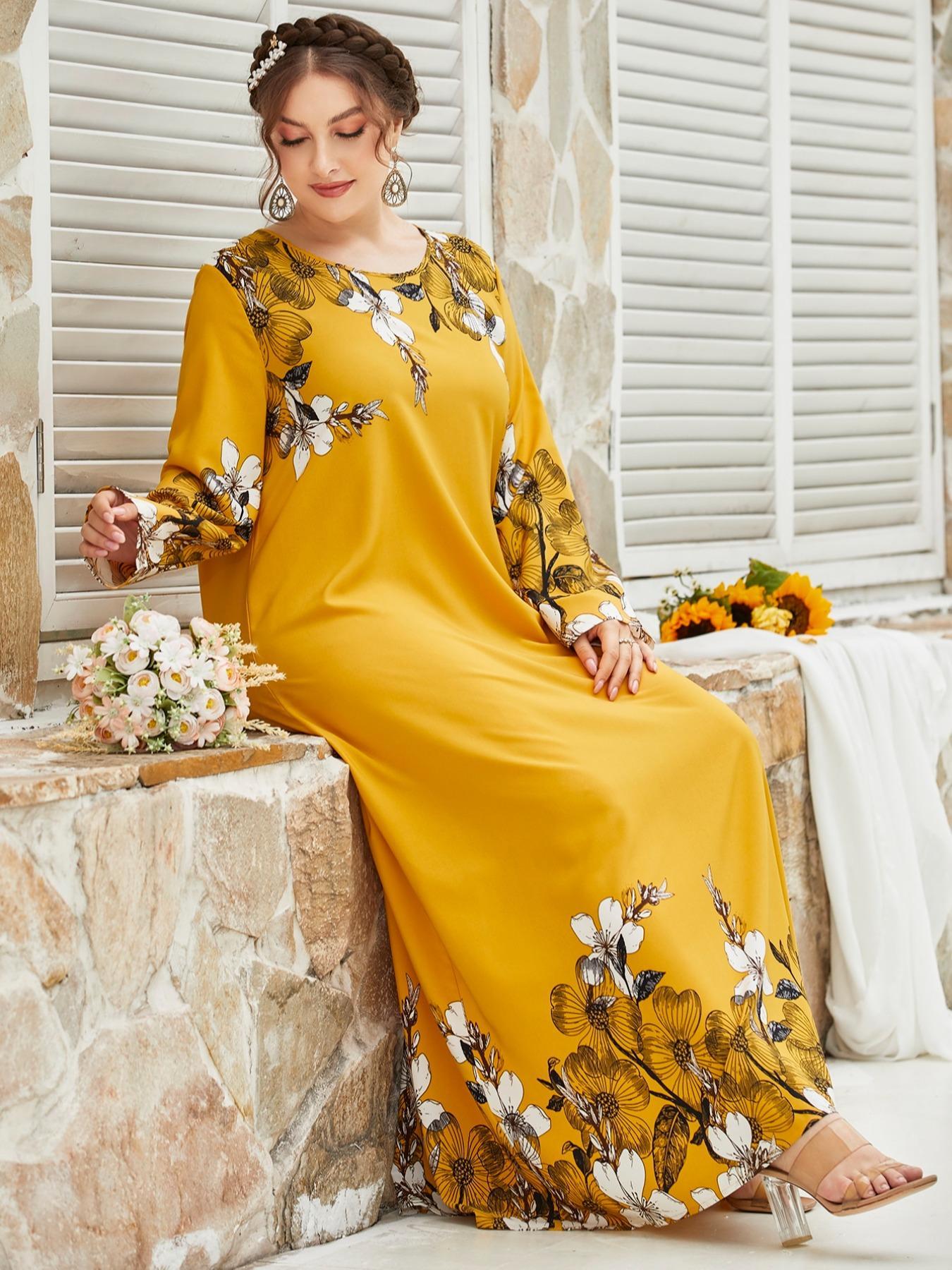 Plus Size Floral Print Long Sleeve Round Neck Tunic Dress, Casual Loose Long Dresses for Women Daily Wear, Ladies Clothes Spring Autumn Fashion