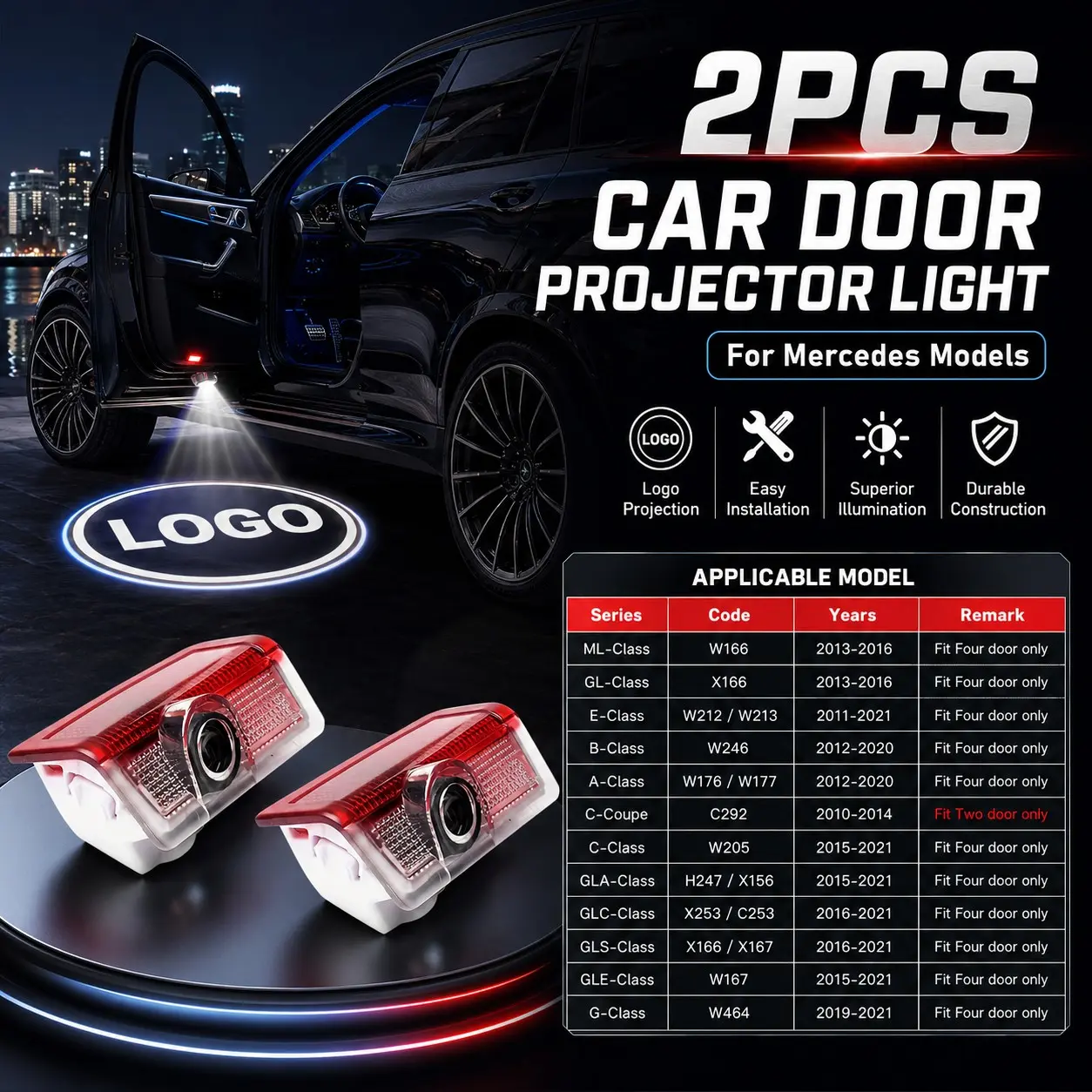 2PCS Car Door Projector Lights for Mercedes Benz, LED Welcome Logo Shadow Light, Car Decorative Light, HD Door Courtesy Lamp, Easy Installation, Bright Projection, Durable Door Puddle Lights for A B C E ML GL GLA GLC GLE GLS Class Accessories