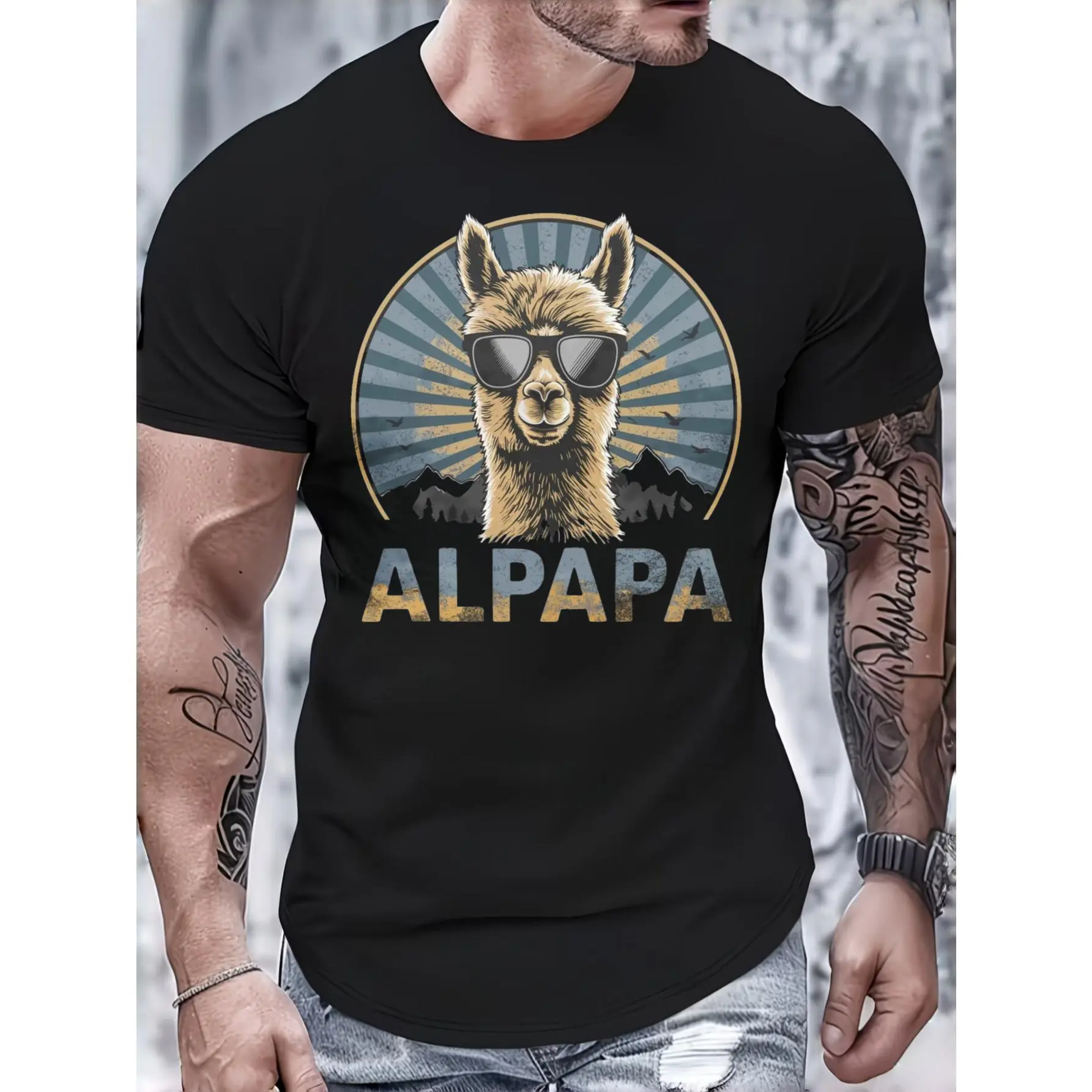 Vintage Style Men's T-Shirt, Cool Alpaca With Sunglasses And Alpapa Text Graphic, Summer Casual Wear, Gift For Dad Or Father
