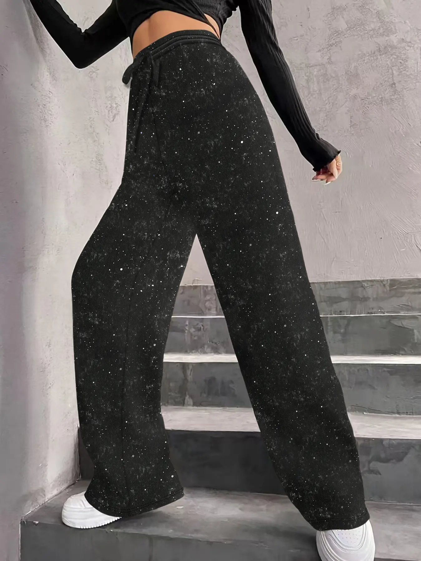 Women's Elastic Waist Drawstring Pants Gradient Sequins Loose Fit Baggy Casual Wide Leg Trousers, Spring & Fall Fashion, Comfortable and Stylish