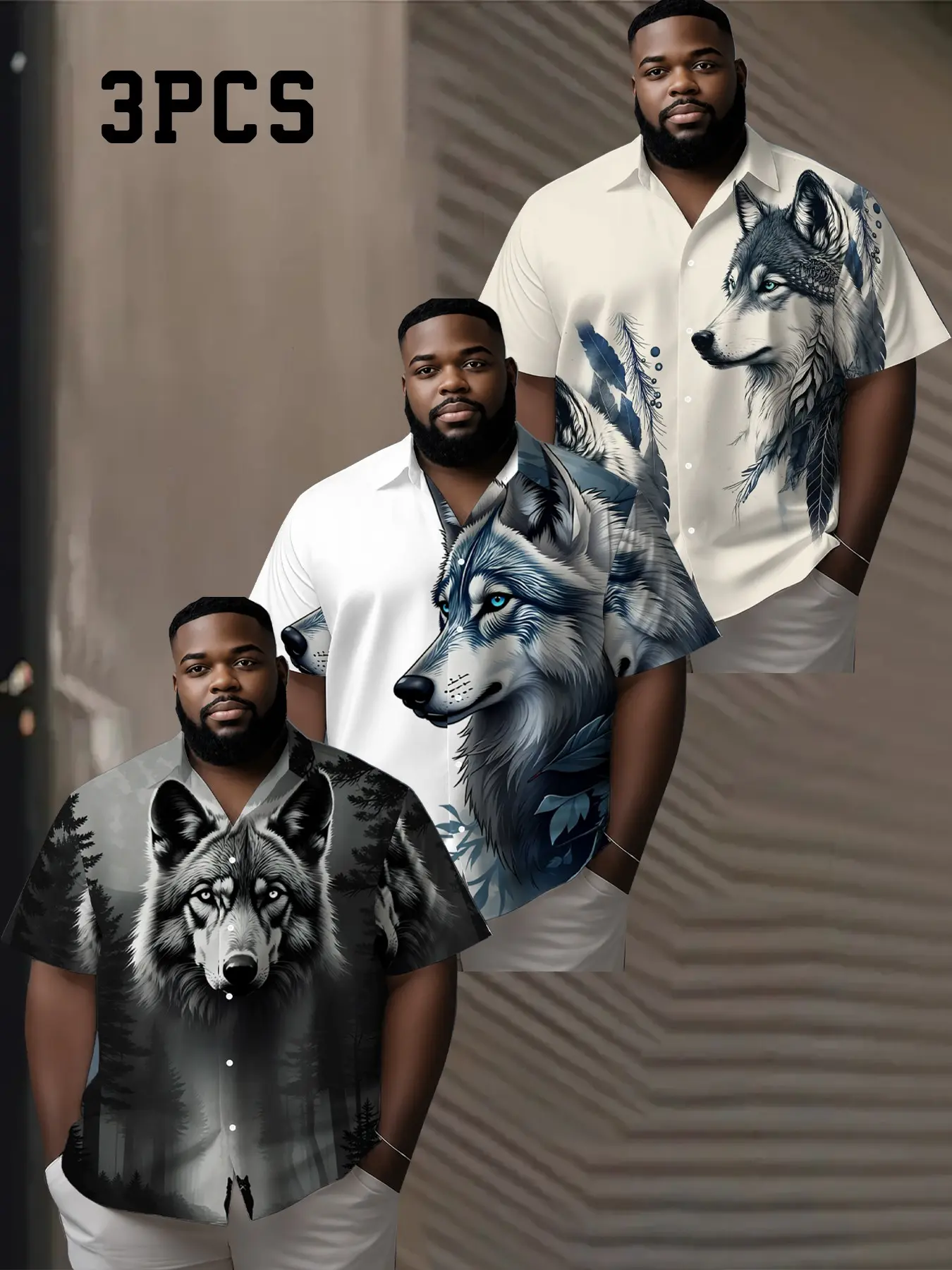 Large Size Men's 3-Piece Wolf Head Print Shirt Set, Summer Streetwear Loose Fit Short Sleeve Casual Shirts, Trendy and Versatile