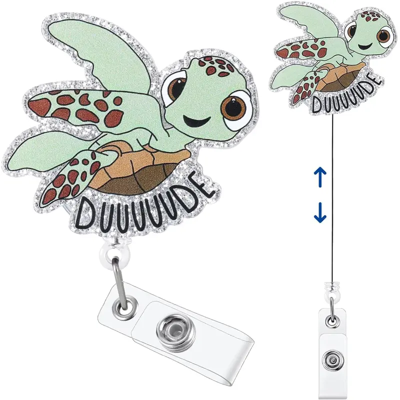 Cute DUUUUDE Sea Turtle Retractable Badge Reel, Glitter Cartoon ID Clip Funny Gift for Pediatric Nurse Nursing Student Doctor Teacher