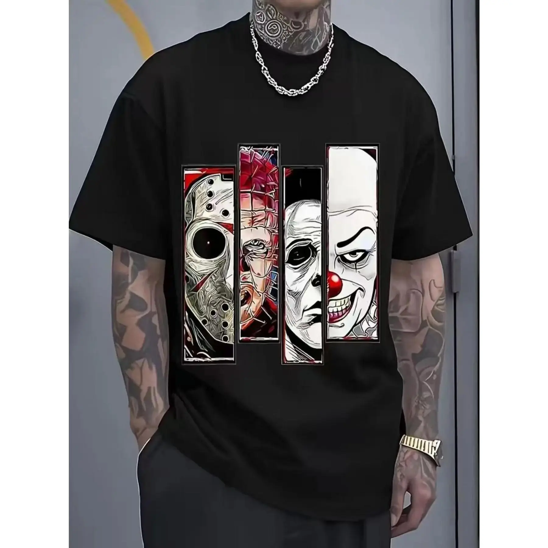 Classic Horror Movie Characters Mashup Red Graphic Tshirt for Men Women Teens 100% Cotton Short Sleeve Crewneck Casual Halloween Spooky Streetwear Outfit Gift