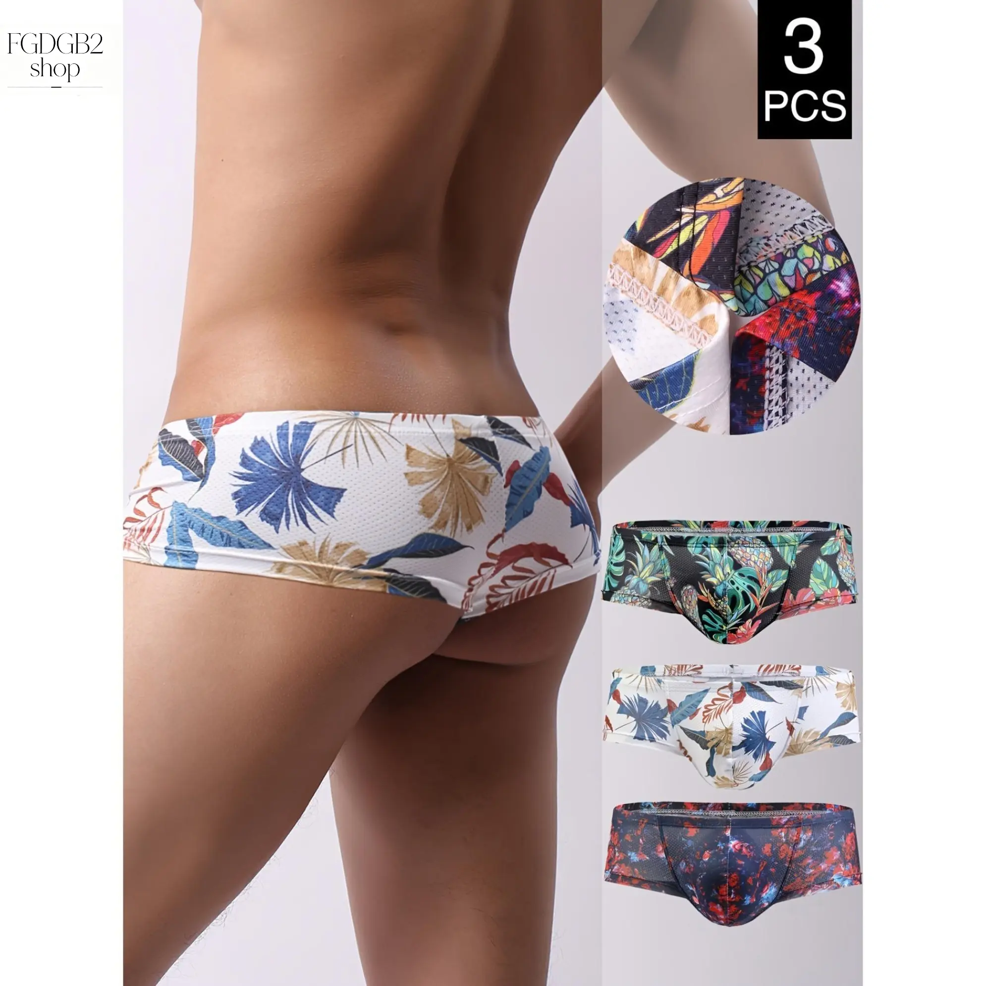 Men's 3-Pack Low Rise Boxer Briefs, Tropical Print Mesh Underwear, Breathable Stretch Lightweight Trunks for Daily Wear, Sports, Gym, Travel & Lounging