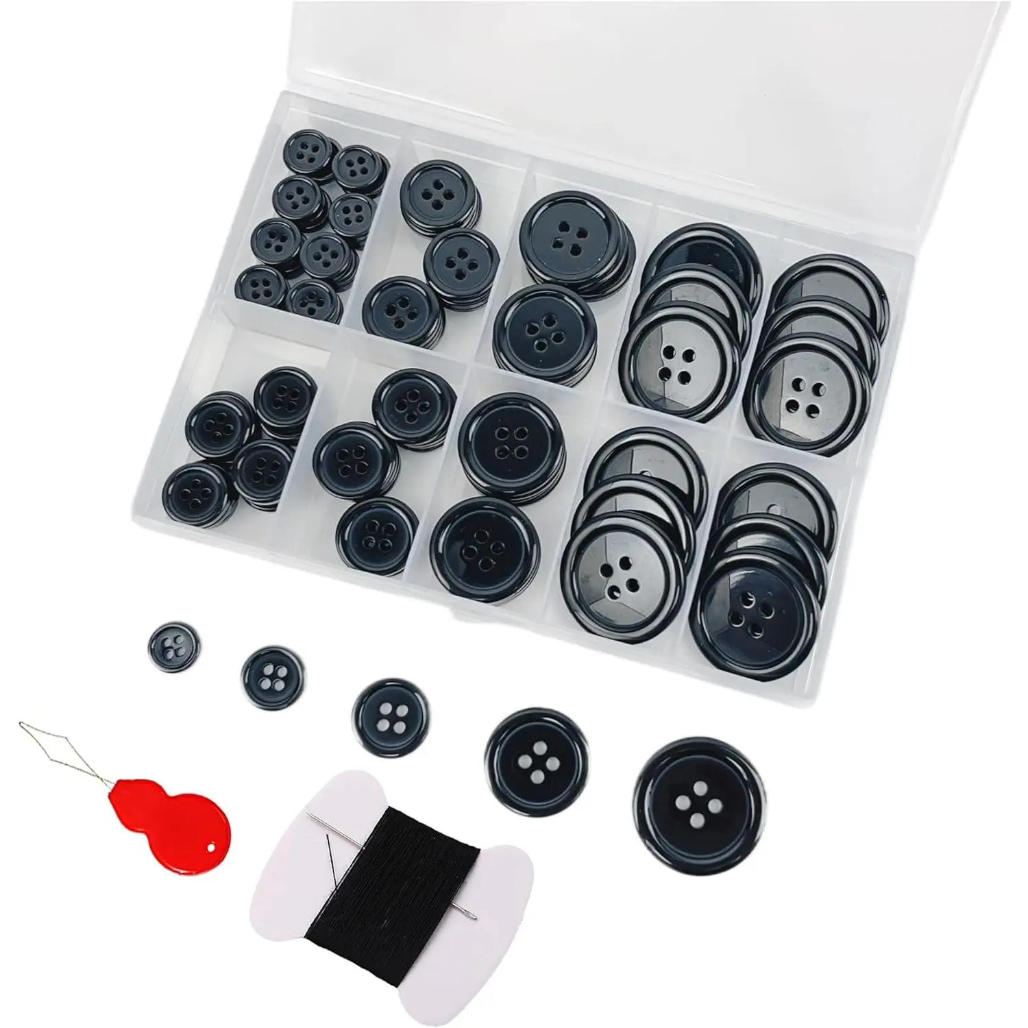 100 count Black Sewing Buttons Kit, Including , Sewing Thread, and Threader,5 Sizes 4-Hole Craft Buttons, Suitable for Sewing,Clothes,Suit Coat Shirt Buttons,DIY Decoration (Black)