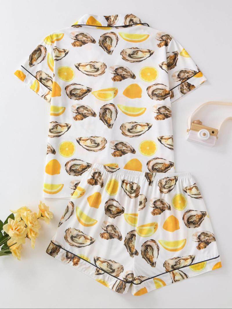 Women's All Over Print Shirt & Shorts Pyjama Two-piece Set, Casual Comfy Short Sleeve Top & Shorts Set, Ladies Sleepwear for All Seasons, Shorts Pj Set