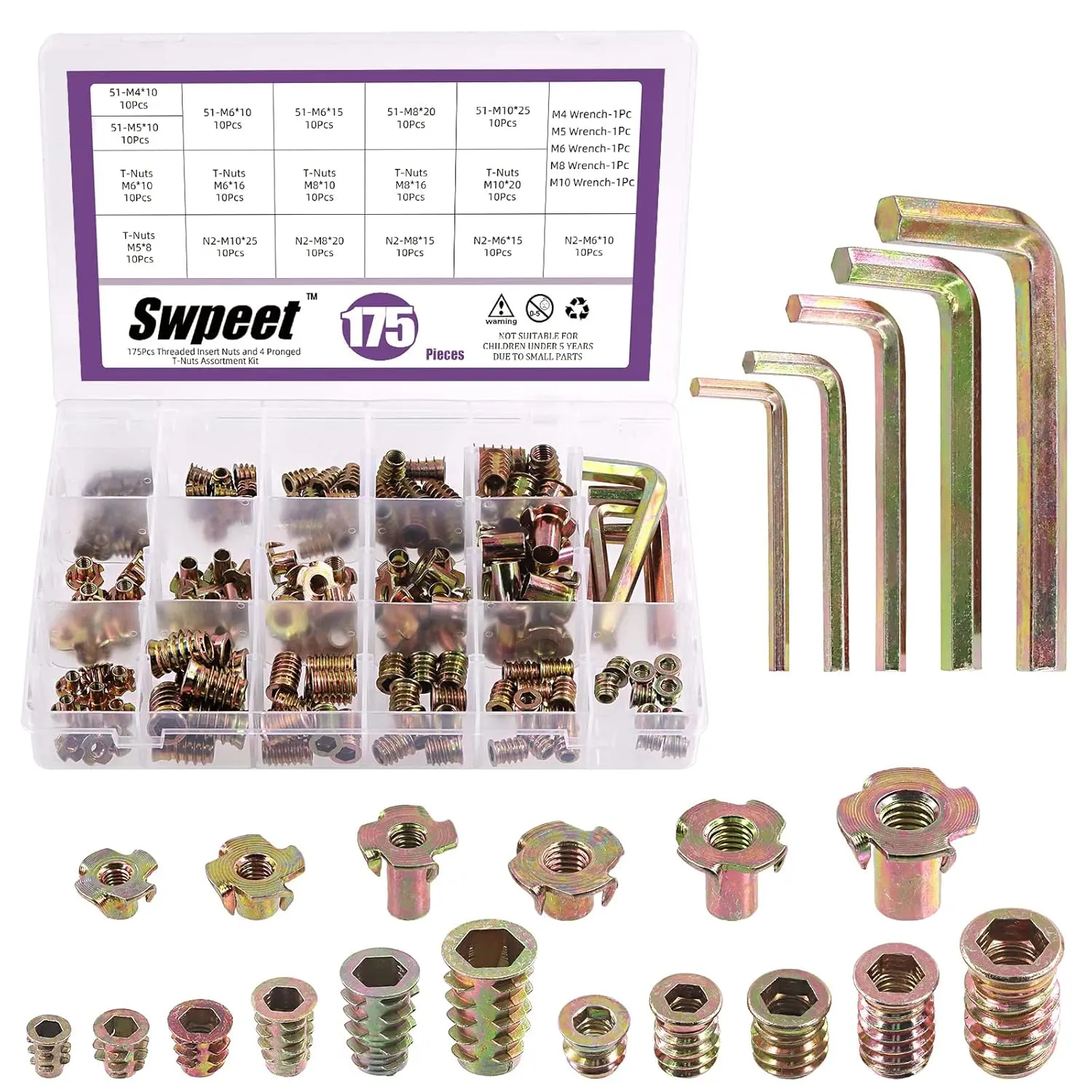 175Pcs M4 M5 M6 M8 M10 Metric Carbon Color Zinc Plated Threaded Inserts Nuts and T-Nut 4 Pronged Tee Blind Nuts with Wrench Assortment Kit for Wood Furniture Bolt Fastener Screw Inserts