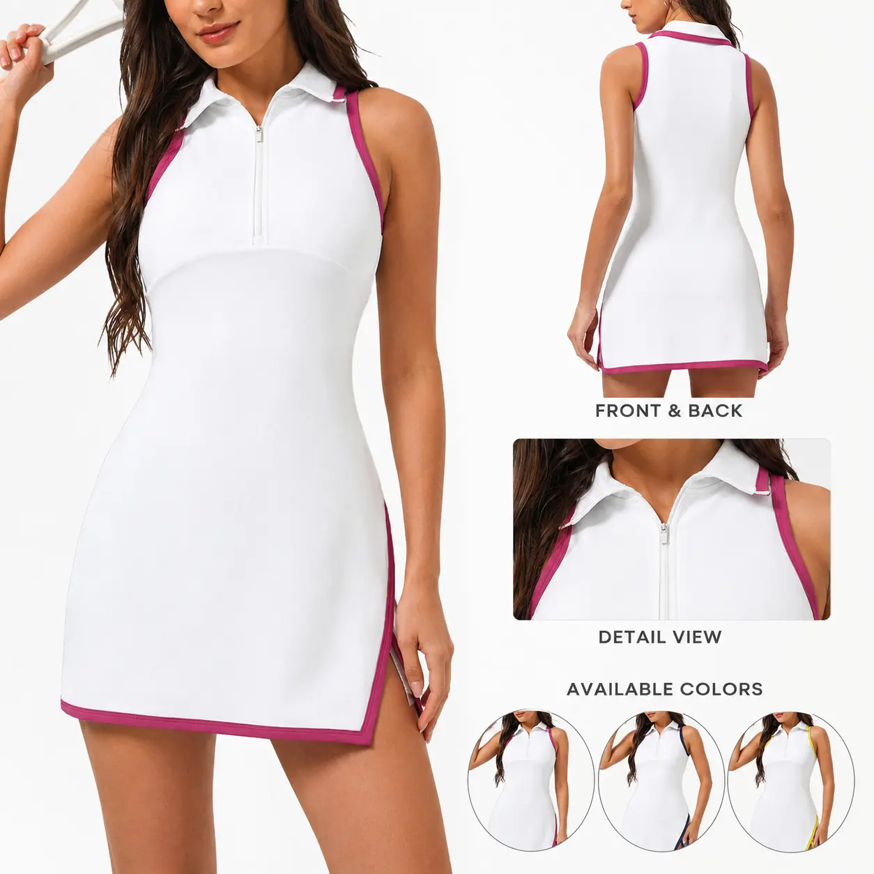 Women’s Sleeveless Quarter-Zip Athletic Workout Dress - Contrast Trim Polo Collar, Side Slit Golf Tennis Mini Dress, Pickleball Wear Activewear