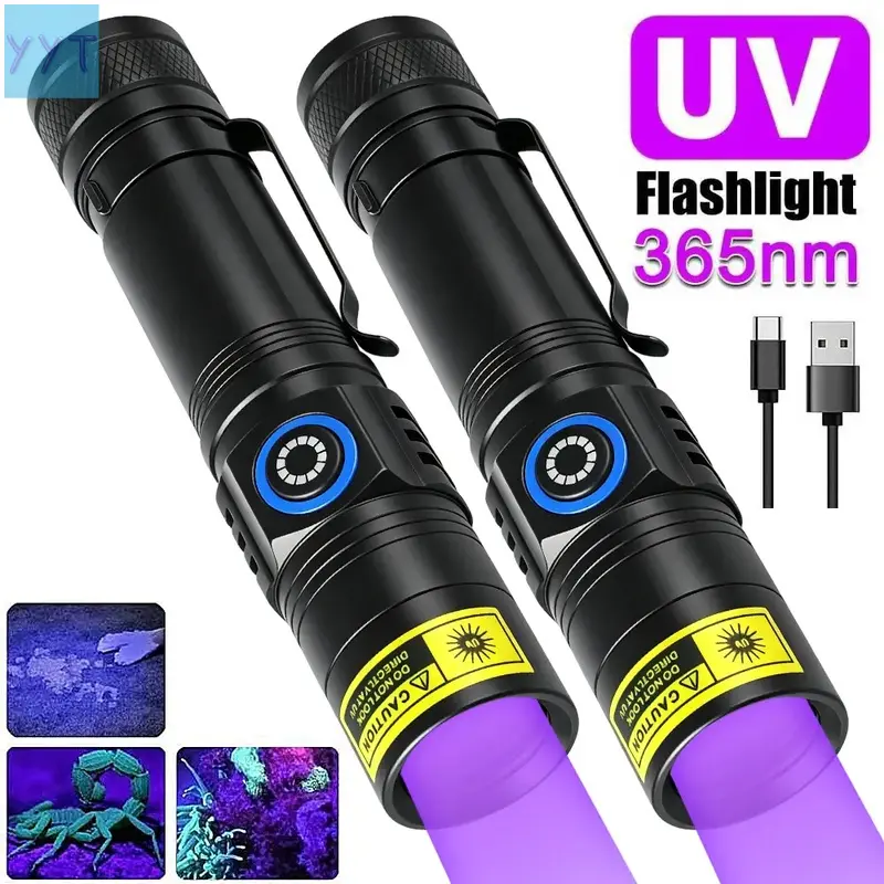 YYT1  365nm 5W Portable UV Black LED Flashlight, Type-C USB Rechargeable, Aluminum Alloy Shell With Power Indicator Metal Clip, Pet Urine Gem Resin Scorpion Hunting, Rechargeable Powerful Flashlights, Usb Rechargeable Flashlight