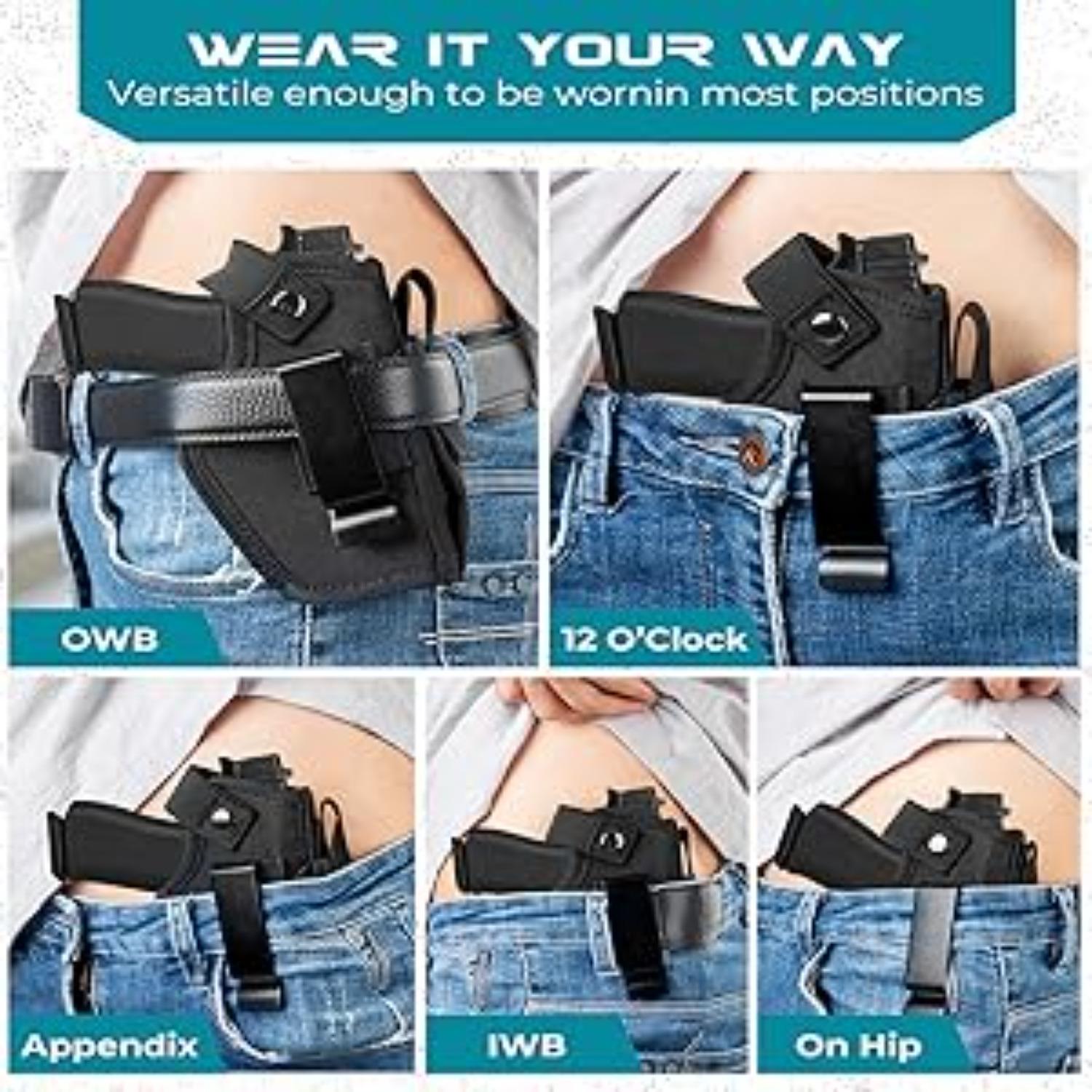 Pistol holsters (for 9mm, .380, and .45ACP pistols), IWB/OWB concealed carry holsters with magazine pouches for men and women, ambidextrous concealed carry (CCW) holsters (fit Glock, Smith & Wesson M&P, and SIG Sauer pistols), pistol mounting systems, eve